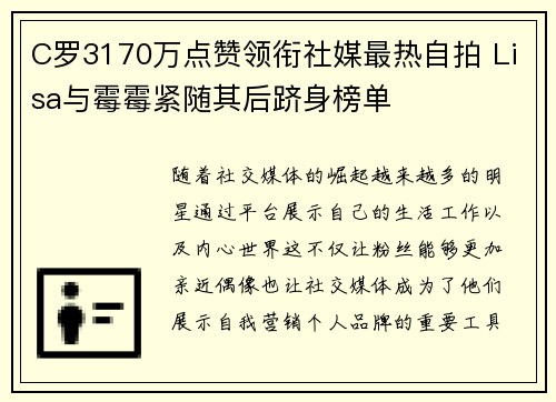 C罗3170万点赞领衔社媒最热自拍 Lisa与霉霉紧随其后跻身榜单